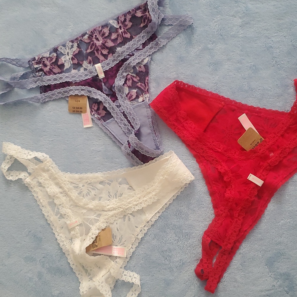 Nwt Victorias Secret PINK Floral Lace Strappy Thong Panty Set Of 3